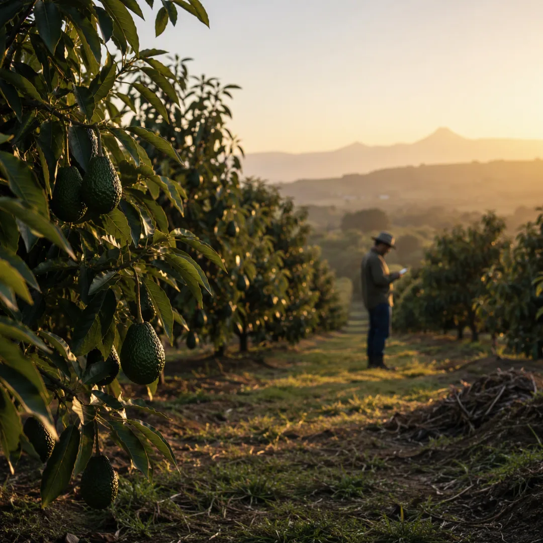 Huerto de aguacate Hass al atardecer