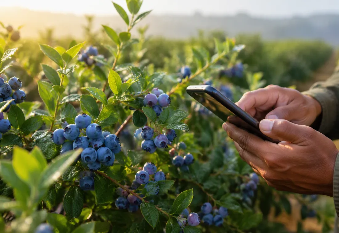 Productor registrando datos en su teléfono junto a arándanos en la planta